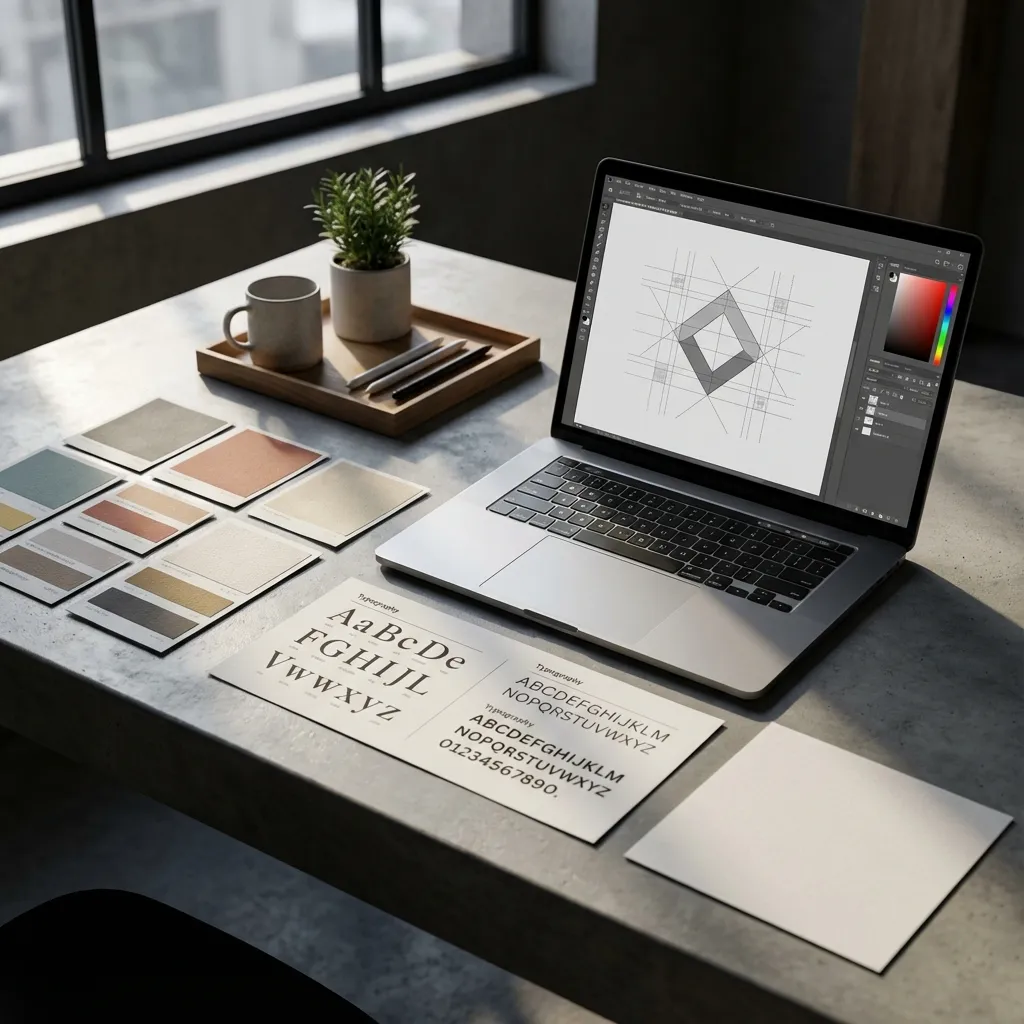 Professional brand identity design workspace with style guide, color swatches, and typography samples - Quick Comet 2025
