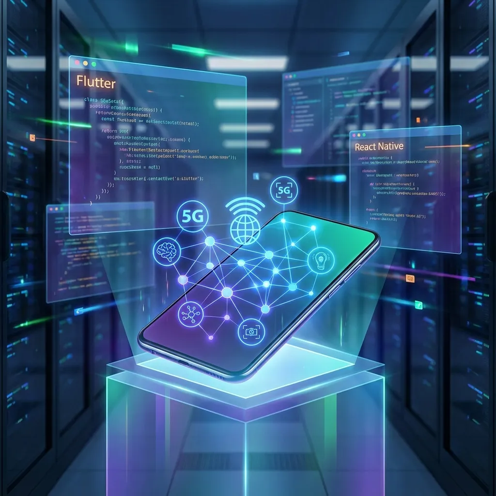 Futuristic mobile app development workspace with AI, 5G, AR/VR, and code editors showing Flutter and React Native - Quick Comet 2025